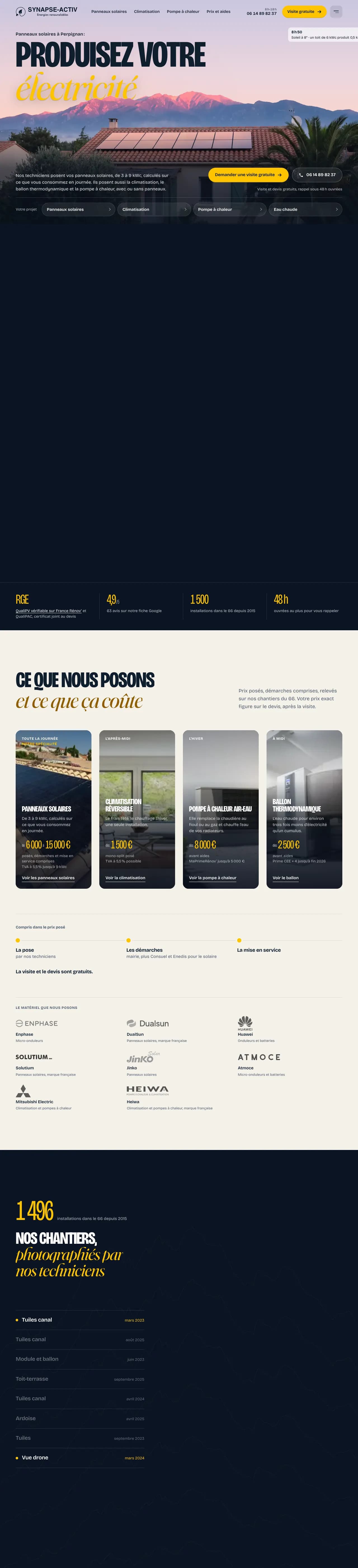 Accueil de Synapse Activ, de « Produisez votre électricité » jusqu'aux chantiers