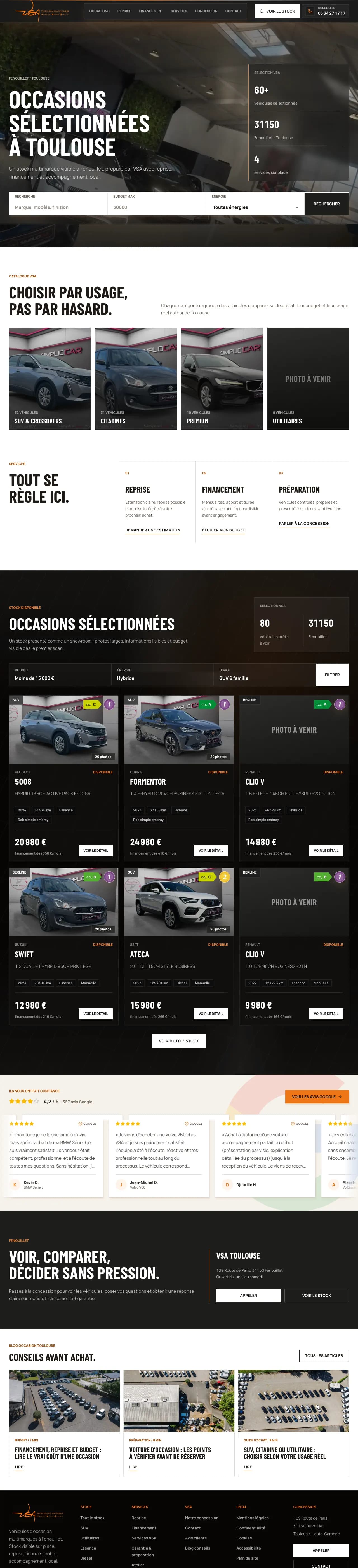 Accueil de VSA Toulouse : occasions sélectionnées, catalogue par usage, services, avis Google